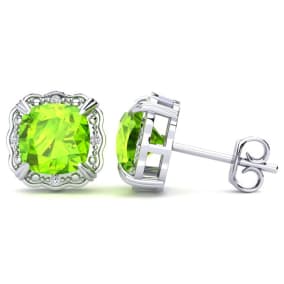 2ct Cushion Cut Peridot and Diamond Earrings in 10k White Gold