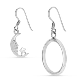 Estate Jewelry Moon and Circle Hoops Earrings In Sterling Silver