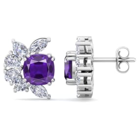 1 3/4 Carat Cushion Cut Amethyst and Lab Grown Diamond Cluster Stud Earrings In 14 Karat White Gold