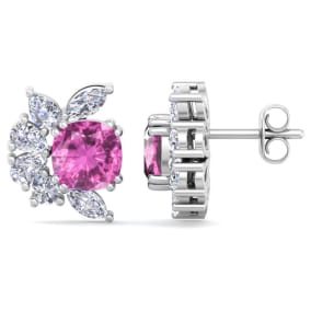 1 3/4 Carat Cushion Cut Pink Topaz and Lab Grown Diamond Cluster Stud Earrings In 14 Karat White Gold