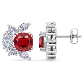 1 3/4 Carat Cushion Cut Ruby and Lab Grown Diamond Cluster Stud Earrings In 14 Karat White Gold