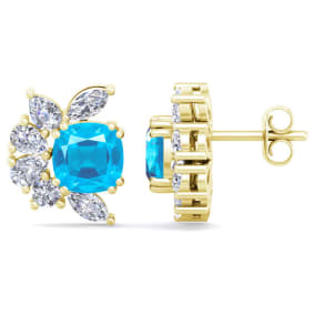 1 3/4 Carat Cushion Cut Blue Topaz and Lab Grown Diamond Cluster Stud Earrings In 14 Karat Yellow Gold