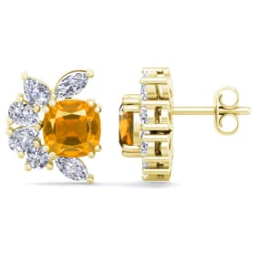 1 3/4 Carat Cushion Cut Citrine and Lab Grown Diamond Cluster Stud Earrings In 14 Karat Yellow Gold