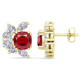 1 3/4 Carat Cushion Cut Ruby and Lab Grown Diamond Cluster Stud Earrings In 14 Karat Yellow Gold