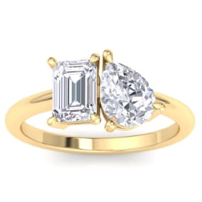 2 Carat Lab Grown Diamond Two Stone Engagement Ring, Emerald-Pear, In 14K Yellow Gold
