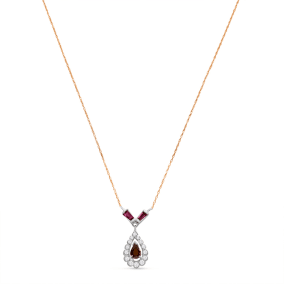 Estate Jewelry Pear Shaped Garnet 6.0 x 4.0mm Necklace With Red and White Spinels, In 14 Karat White and Rose Gold, 18 Inches