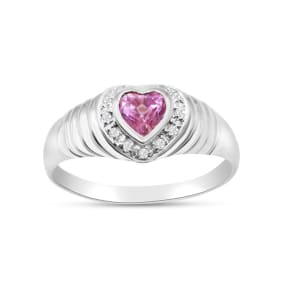 Estate Jewelry Pink Topaz Heart Shaped 5.0 x 5.0mm Ring with 1/10 Carat Diamond Halo In 14 Karat White Gold, Size 9