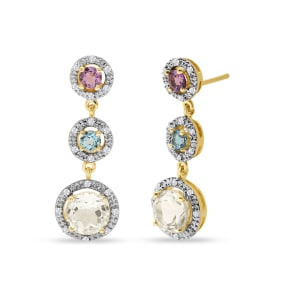 Estate Jewelry Three Gemstone Diamond Halo Dangle Earrings In 14 Karat Yellow Gold