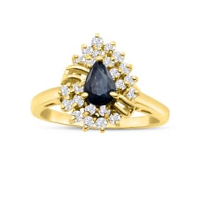 Estate Jewelry Pear Shaped Sapphire And Diamond Ring In 14 Karat Yellow Gold, Size 8.5