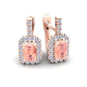 1-3/4 Carat Octagon Shape Morganite Earrings and Diamond Halo Dangle In 14 Karat Rose Gold