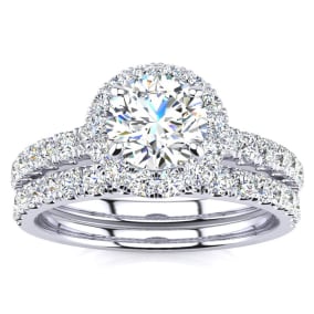 1 1/2 Carat Lab-Grown Pave Halo Diamond Bridal Set in 14k White Gold