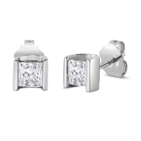 Estate Jewelry 1 Carat Princess Cut Diamond Stud Earrings In 14K White Gold, Bar Setting
