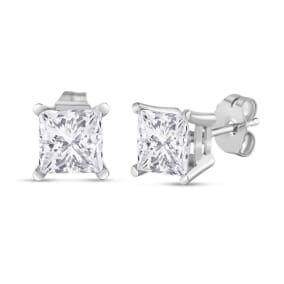 Estate Jewelry 2 Carat Princess Cut Diamond Stud Earrings In 14K White Gold