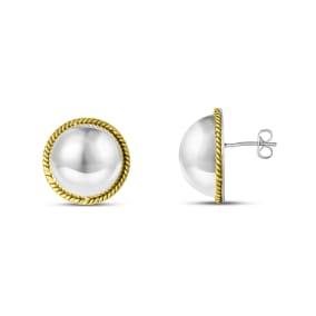 Estate Jewelry Sterling Silver Button Earrings With Yellow Gold Rope Trim