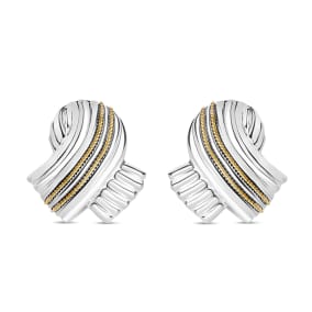 Estate Jewelry Sterling Silver Large Ribbon Earrings With Yellow Gold Rope Trim And Clip-On Backs