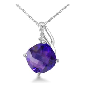 5ct Cushion Cut Amethyst and Diamond Pendant in 10k White Gold