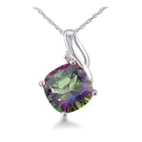5 Carat Cushion Shape Mystic Topaz Necklace and Diamonds In 10 Karat White Gold, 18 Inches