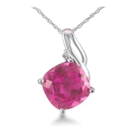 5ct Cushion Cut Pink Topaz and Diamond Pendant in 10k White Gold