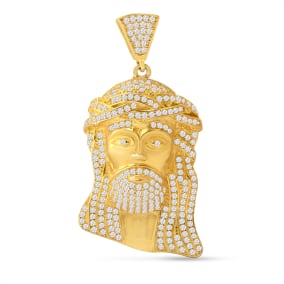 Estate Jewelry Head of Christ With Crystals In Sterling Silver Plated In Yellow Gold - Large 2 Inches