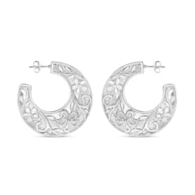 Estate Jewelry Sterling Silver Large Floral Hoop Earrings - High Quality