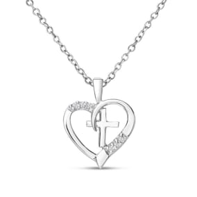 0.03 Carat Diamond Cross and Heart Necklace In Sterling Silver With Free Chain, 18 Inches