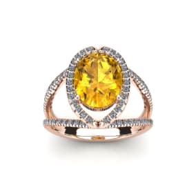 Estate Jewelry 1 1/2 Carat Oval Shape Citrine and Halo Diamond Ring In 14 Karat Rose Gold, Size 7