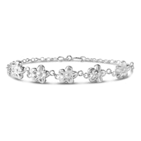 Estate Jewelry Sterling Silver Flower & Cable Link Bracelet, 7 Inches