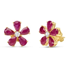 Estate Jewelry 14 Karat Yellow Gold 4 Carat Ruby and Diamond Flower Stud Earrings