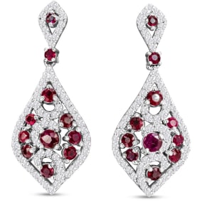 Estate Jewelry 2 Carat Ruby and Diamond Drop Earrings In 14 Karat White Gold, 1 1/4 Inches