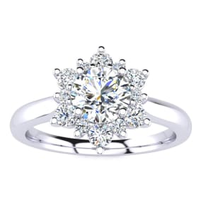 Estate Jewelry 2 3/4 Carat Round Shape Flower Halo Moissanite Engagement Ring In 14 Karat White Gold, Size 9