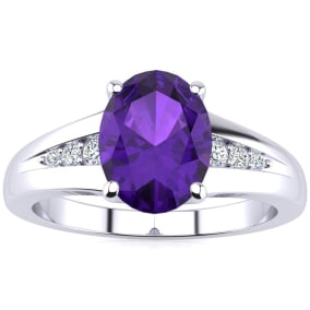 1ct Oval Shape Amethyst and Diamond Ring in 10K White Gold