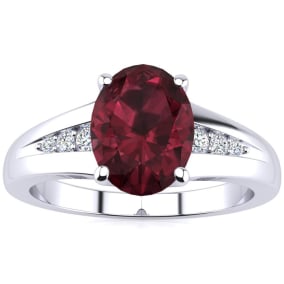 Garnet Ring: Garnet Jewelry: 1 1/2ct Oval Shape Garnet and Diamond Ring in 10k White Gold