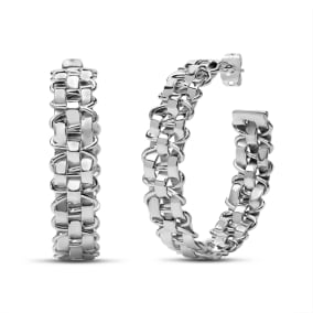 Estate Jewelry Fancy Basket Weave Hoop Earrings In Solid Sterling Silver