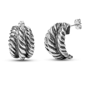 Estate Jewelry Three Rope Shrimp Huggie Earrings In Solid Sterling Silver