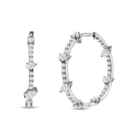 Estate Jewelry 1 Carat Diamond Hoop Earrings In 14K White Gold, Marquise, Pear and Round