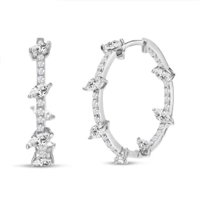 Estate Jewelry 1.24 Carat Diamond Hoop Earrings In 14K White Gold, Marquise and Round