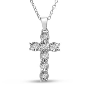1/10 Carat Diamond Cross Necklace In Sterling Silver, 18 Inches