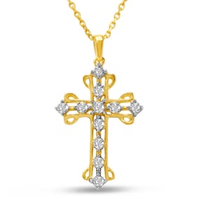 1/10 Carat Diamond Cross Necklace In 14K Yellow Gold Over Sterling Silver, 18 Inches