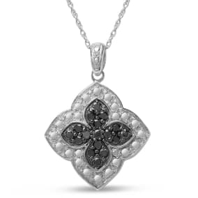 1/4 Carat Black and White Diamond Flower Necklace In Sterling Silver, 18 Inches