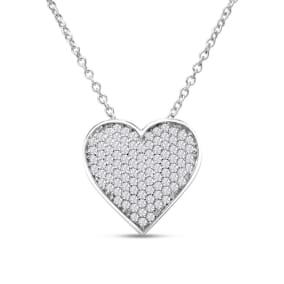 1/2 Carat Pave Diamond Heart Necklace In Sterling Silver, 18 Inches