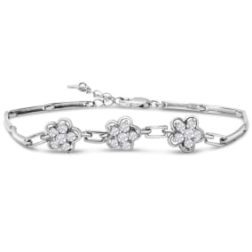 Estate Jewelry Three Flower Link Bracelet In Sterling Silver With Zirconias, 7 Inches