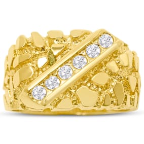 Estate Jewelry Gents Nugget Channel Set Ring In Yellow Gold Overlay With Zirconia, Size 9