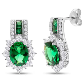 Sterling Silver Glass Emerald and White Topaz Drop Statement Earrings, 3/4 Inch