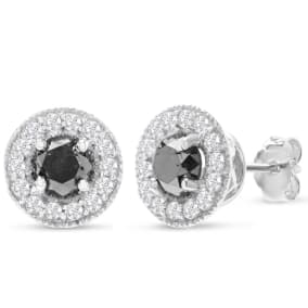 1 1/2 Carat Black and White Topaz Halo Stud Earrings In Sterling Silver