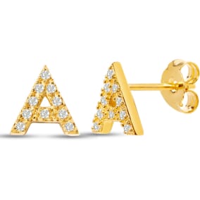 1/10 Carat Natural Diamond Letter A Initial Earrings In 14K Yellow Gold Over Sterling Silver