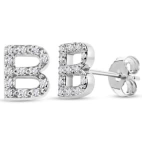 1/10 Carat Natural Diamond Letter B Initial Earrings In Solid Sterling Silver