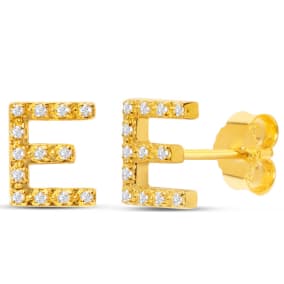 1/10 Carat Natural Diamond Letter E Initial Earrings In 14K Yellow Gold Over Sterling Silver