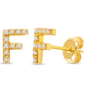 1/10 Carat Natural Diamond Letter F Initial Earrings In 14K Yellow Gold Over Sterling Silver