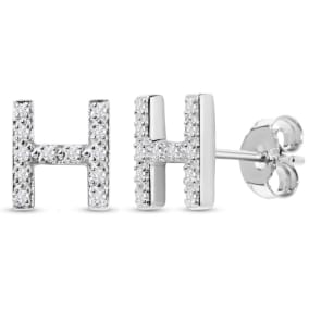 1/10 Carat Natural Diamond Letter H Initial Earrings In Solid Sterling Silver