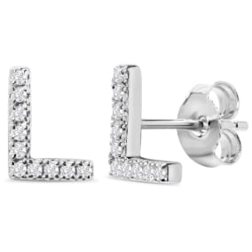 1/10 Carat Natural Diamond Letter L Initial Earrings In Solid Sterling Silver